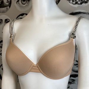 Tail Bait Vintage Nude Underwire Bra w/ Rhinestone & Rose Straps, 36C